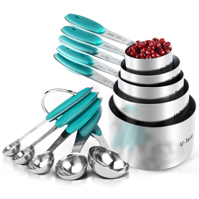 U-Taste Measuring Cups : U-Taste 18/8 Stainless Steel Measuring Cups and Spoons Set of 10 Piece, Upgraded Thickness Handle (Teal) - Image 1